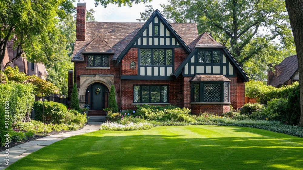 A traditional home with a brick exterior and well-kept lawn, space for copy A traditional home with a brick exterior and well-kept lawn, space for copy