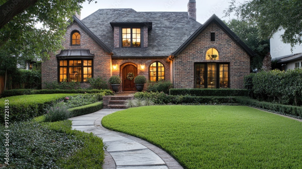 A traditional home with a brick exterior and well-kept lawn, space for copy A traditional home with a brick exterior and well-kept lawn, space for copy