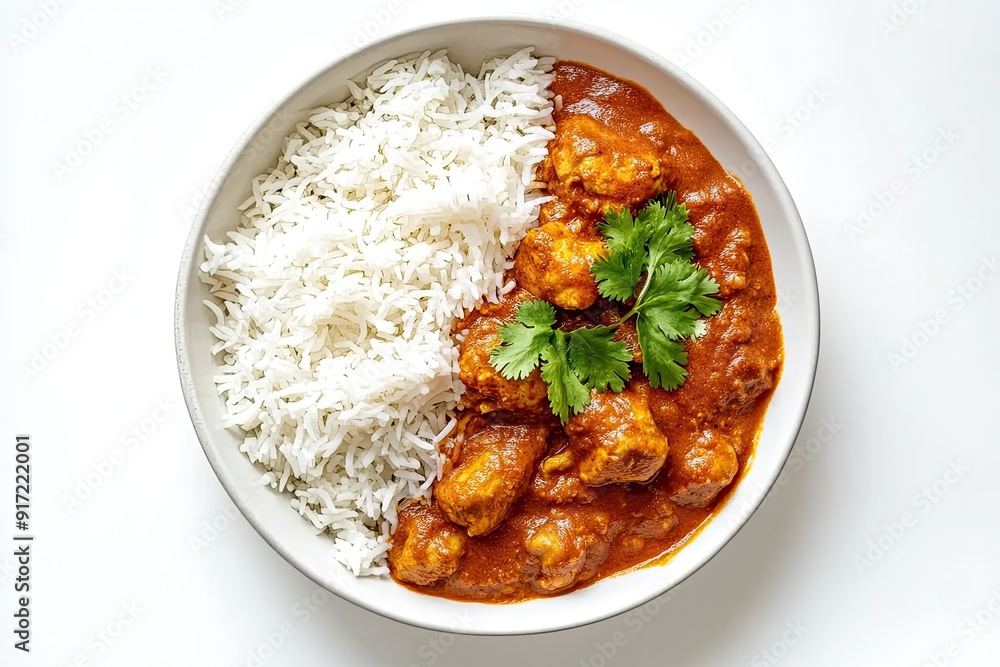 Chicken tikka masala with basmati rice isolated on a white, top view Chicken tikka masala with basmati rice isolated on a white, top view