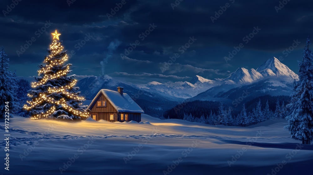 Fototapeta premium A Cozy Christmas Cottage: Snow-Covered Lit Xmas Tree and Twinkling Lights Illuminate a Serene Winter Evening Landscape 