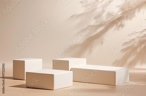 Square Pedestals on a Beige Backdrop with Pine Tree Shadows - Beauty Products and Packaging Samples. Made with Generative AI Technology
