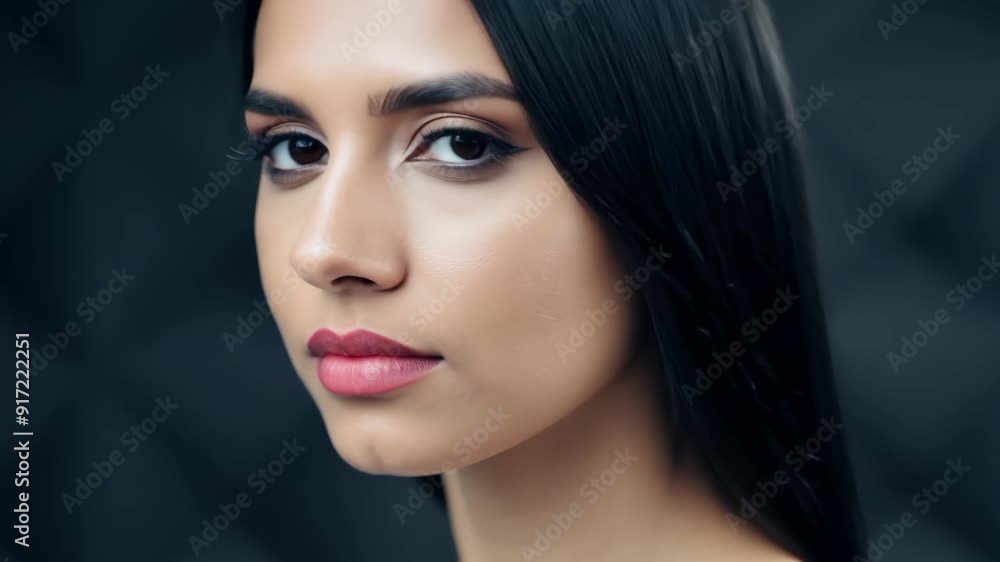 Portrait of a woman with long dark hair looking slightly to the side against a dark background. 4k video Portrait of a woman with long dark hair looking slightly to the side against a dark background. 4k video