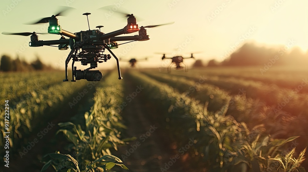 A close-up of a drone flying over crops, with other drones visible in the background, capturing agricultural data. The background is light, leaving room for text. A close-up of a drone flying over crops, with other drones visible in the background, capturing agricultural data. The background is light, leaving room for text.
