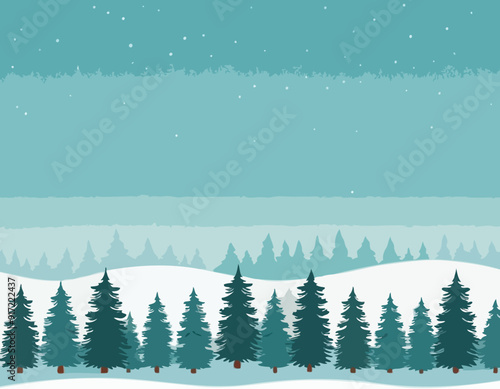 Pine Trees. Trunks of fir and Spruce. Snow frosty landscape. Beautiful Forest Panorama. Illustration in cartoon style flat design. Vector