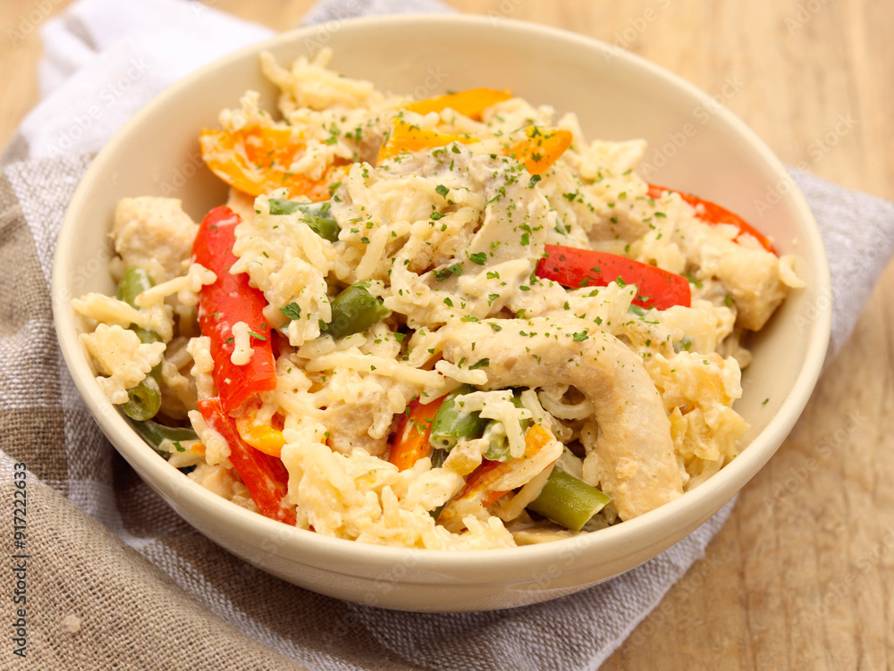 Creamy rice with chicken breast, mushrooms, pepper and green beans. Creamy rice with chicken breast, mushrooms, pepper and green beans.