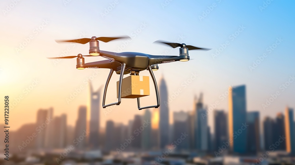 Aerial view of a drone delivering a package over a modern skyline during sunset, showcasing technology and logistics innovation. Aerial view of a drone delivering a package over a modern skyline during sunset, showcasing technology and logistics innovation.