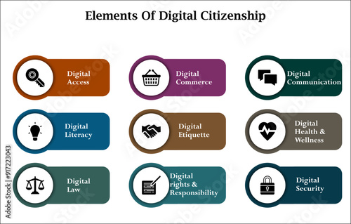Nine elements of digital citizenship. Infographic template with icons and description placeholder