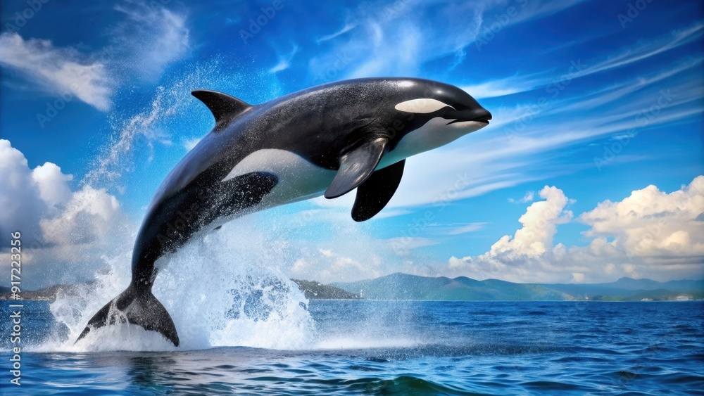 Obraz premium Killer whale jumping out of the water in a dynamic leap, orca, whale, ocean, wildlife, marine life, predator, jumping