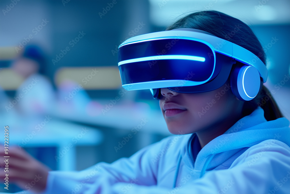 A futuristic classroom where students use AR and VR tools to engage in immersive learning experience A futuristic classroom where students use AR and VR tools to engage in immersive learning experience