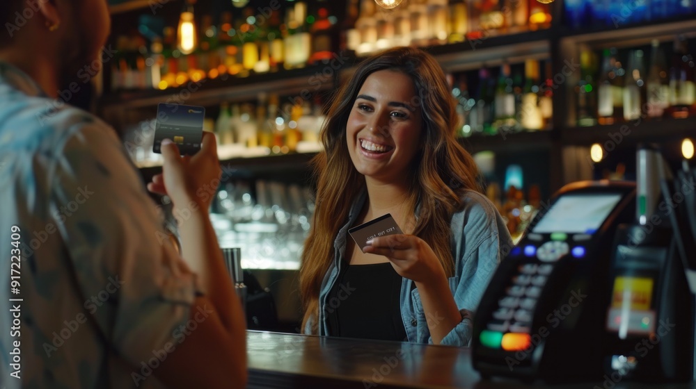 A woman is smiling at a man who is paying for something with a credit card A woman is smiling at a man who is paying for something with a credit card