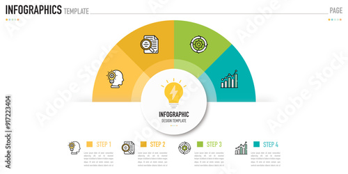 Semi circular infographic business template or element as a vector including 4 step, process, with colorful rectangle and icons on white background for slide or presentation, simple, modern, minimal