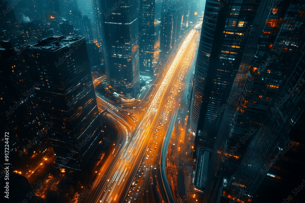 Fototapeta premium Landscape view of long exposure civilization highway in town, Traffic light on road with tall building in downtown.