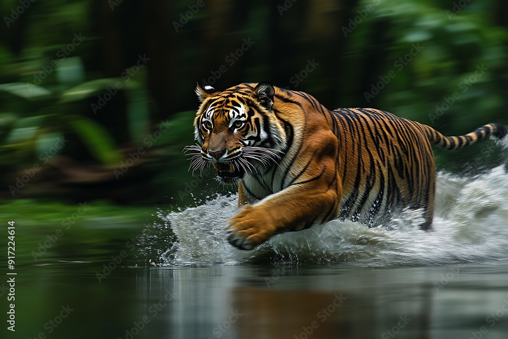 Tiger running through water with a blurred green background. Tiger running through water with a blurred green background.