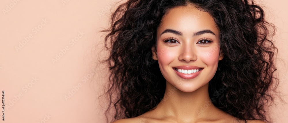 Pretty Asian beauty woman curly long hair with Korean makeup glowing face and healthy facial skin portrait smile on isolated beige background Pretty Asian beauty woman curly long hair with Korean makeup glowing face and healthy facial skin portrait smile on isolated beige background