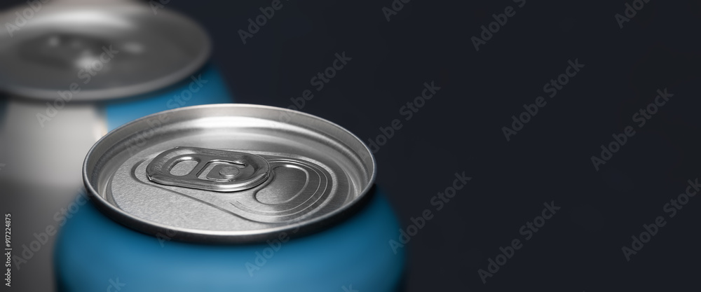 Aluminum can. Banner with beer cans on dark background with copy space. Selective focus Aluminum can. Banner with beer cans on dark background with copy space. Selective focus