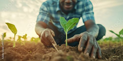 n African farmer is deeply engaged in cultivating crops in a field, focusing on the growth of young plants. The close-up shot captures the dedication and care in farming photo