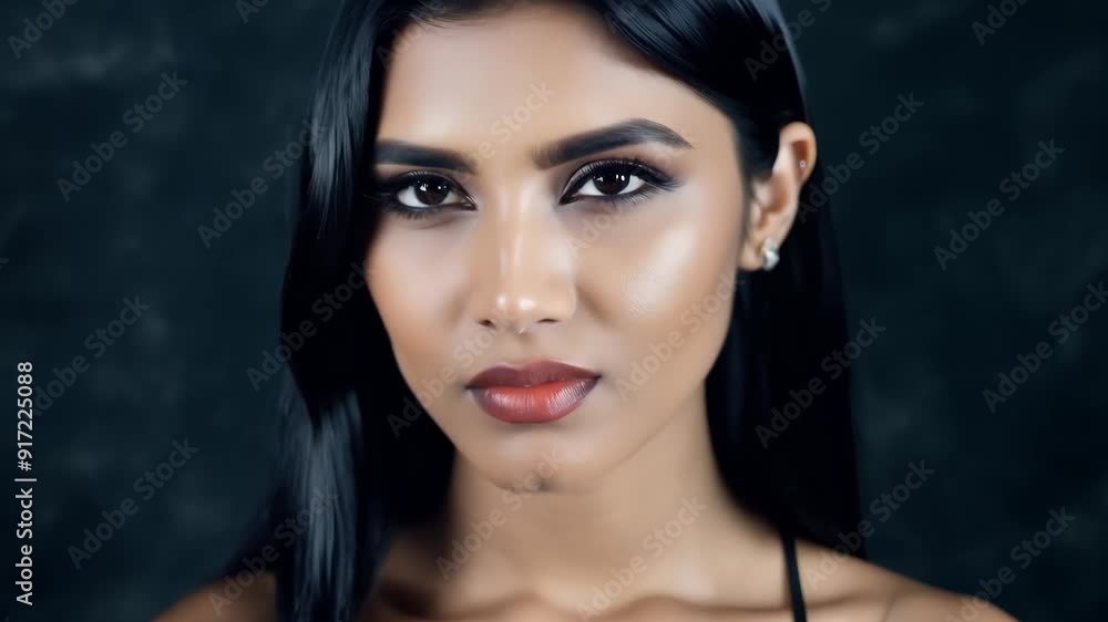 Portrait of a woman with long dark hair looking directly at the camera against a dark background. 4k video Portrait of a woman with long dark hair looking directly at the camera against a dark background. 4k video