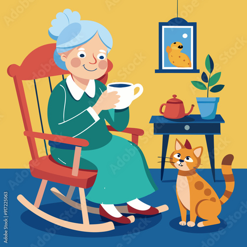 Old woman drinks tea in her rocking chair. Cat and granny.