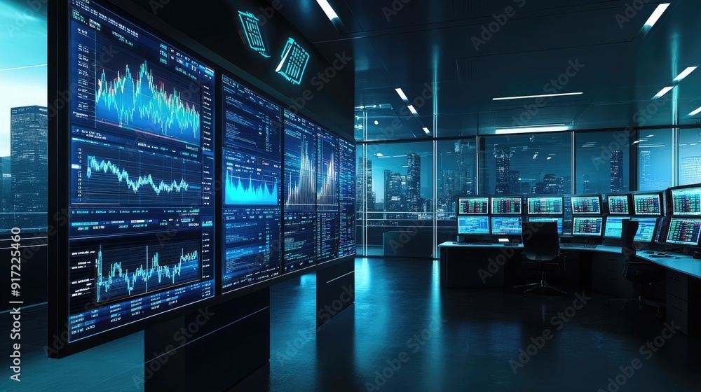 A modern trading office with large monitors showing stock charts and data, symbolizing fast-paced financial markets. The upper portion is left blank for text. A modern trading office with large monitors showing stock charts and data, symbolizing fast-paced financial markets. The upper portion is left blank for text.