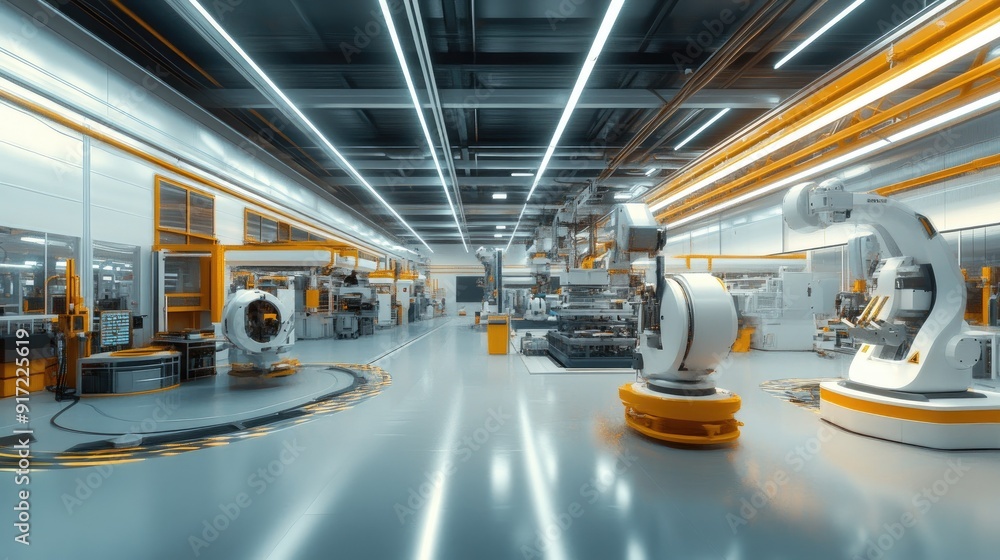 A panoramic view of a futuristic factory where robots assist humans in manufacturing, with a clean and organized floor. The background is ideal for adding text. A panoramic view of a futuristic factory where robots assist humans in manufacturing, with a clean and organized floor. The background is ideal for adding text.