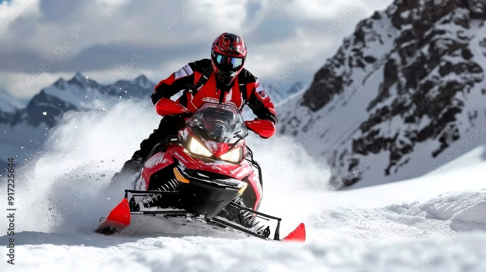 A thrilling snowmobile adventure through snowy mountains. A thrilling snowmobile adventure through snowy mountains.