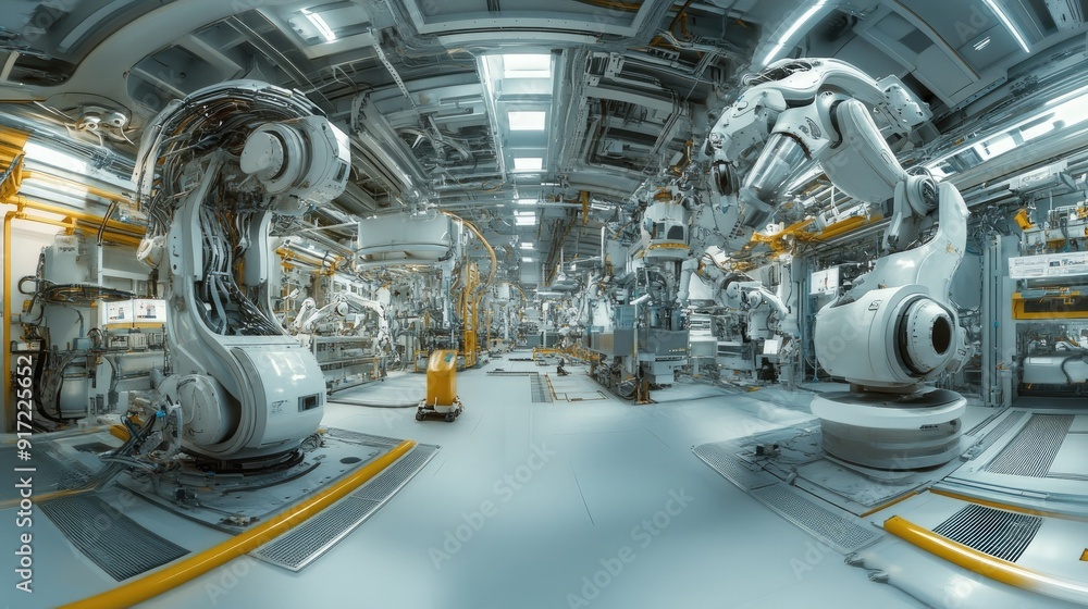 Fototapeta premium A panoramic view of a futuristic factory where robots assist humans in manufacturing, with a clean and organized floor. The background is ideal for adding text.