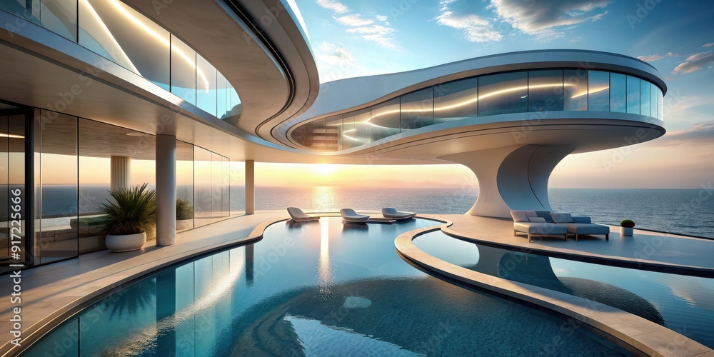 Fototapeta premium Futuristic architecture featuring pools and stunning sea views, futuristic, architecture, pools, sea view, modern, design