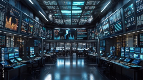 A panoramic view of a financial trading floor filled with screens and charts, symbolizing global markets. The ceiling and background areas are ideal for text.