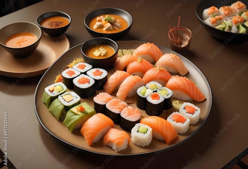 Sushi rolls are on a tray with other sushi Sushi rolls are on a tray with other sushi