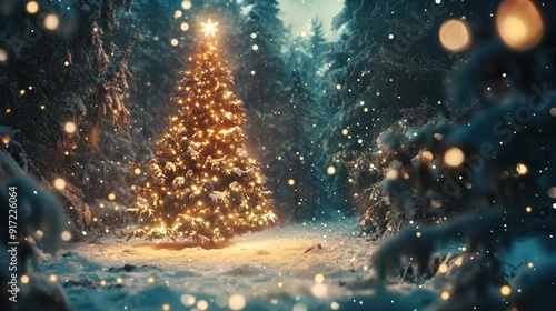 A glowing Christmas tree decorated with lights and a star topper stands in a tranquil snowy forest at night. Snow gently falls around, creating a serene and magical winter atmosphere