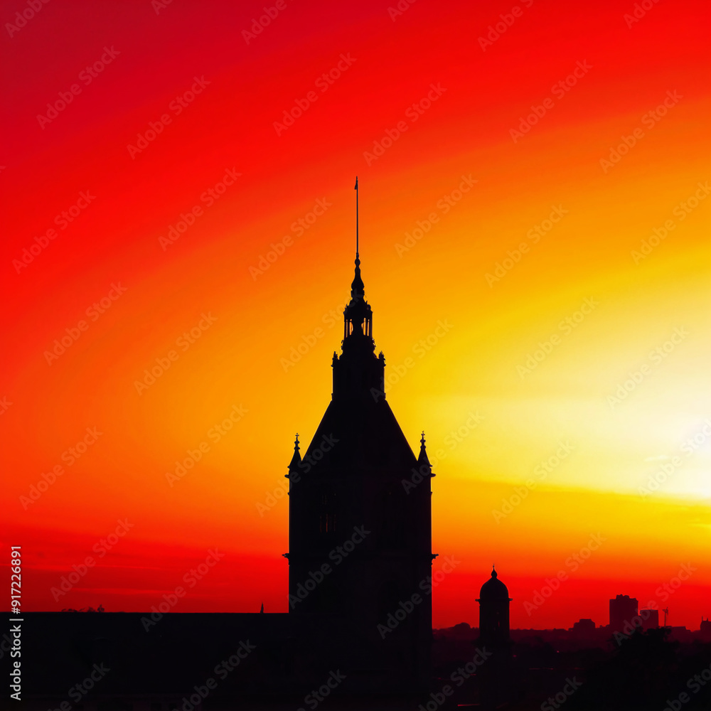 Silhouette of a Tower Against a Fiery Red Sunset Silhouette of a Tower Against a Fiery Red Sunset