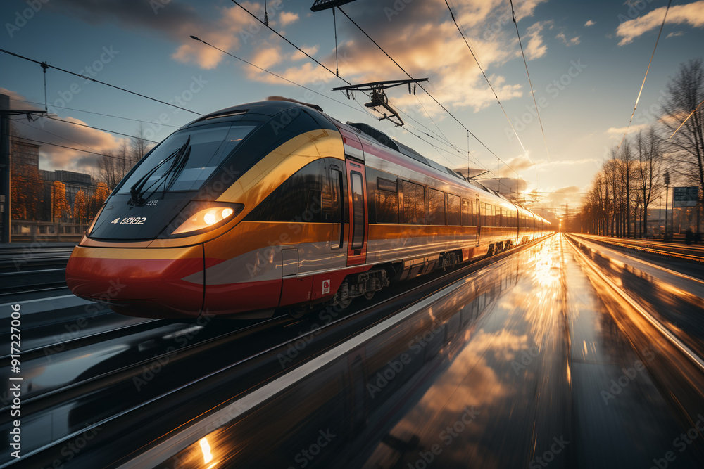 Fototapeta premium Medium speed train with electricity wire on top of the train, Commuter train with sunset view.