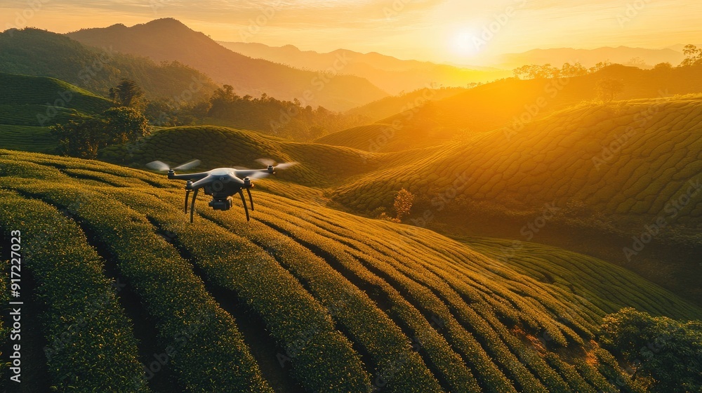 Aerial view of a drone surveying a vibrant tea plantation at dawn, with golden sunlight illuminating the landscape. The upper part of the image is clear for text. Aerial view of a drone surveying a vibrant tea plantation at dawn, with golden sunlight illuminating the landscape. The upper part of the image is clear for text.