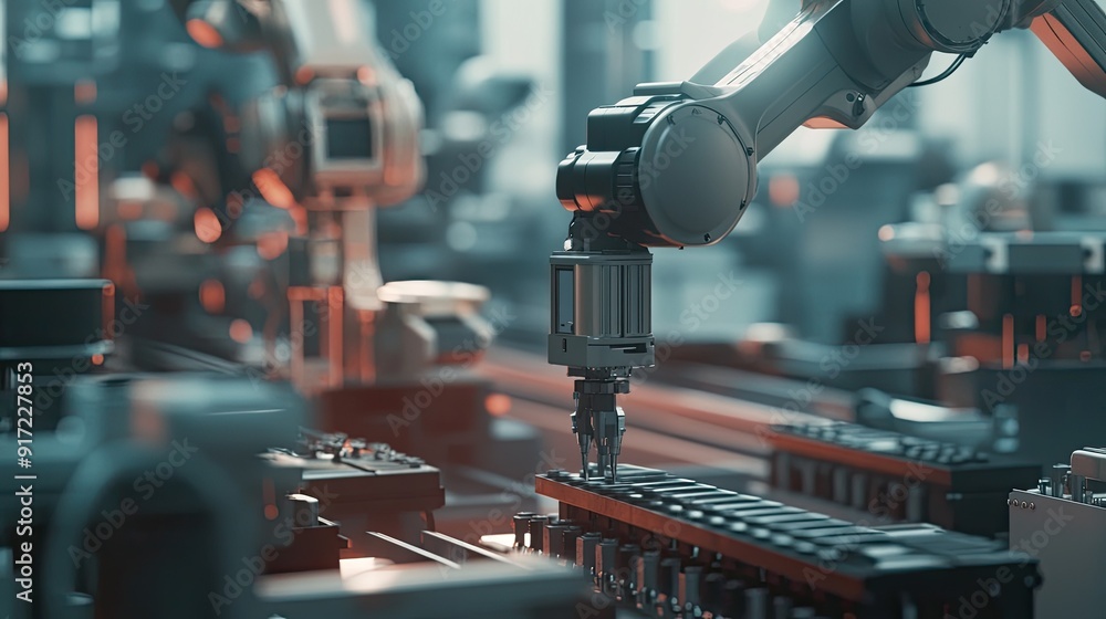 Close-up of modern machines on a factory floor, with robotic arms and conveyor belts in action. The background is softly lit, with space for text. Close-up of modern machines on a factory floor, with robotic arms and conveyor belts in action. The background is softly lit, with space for text.