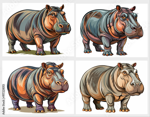 A set of four realistic hippo illustrations, each with unique colours and patterns. The hippos are depicted in true colors, which shows their large bodies and distinctive features.