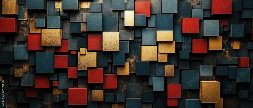 abstract dark mosaic background with many golden and red and blue block shapes, digital art abstract dark mosaic background with many golden and red and blue block shapes, digital art