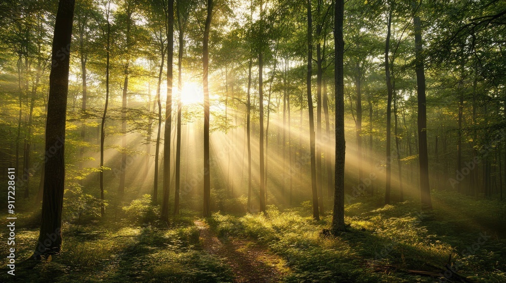 Golden hour sunlight streaming through forest Golden hour sunlight streaming through forest