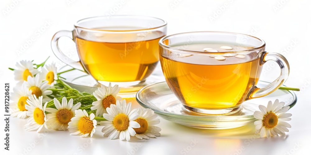 Two Cups of Chamomile Tea with Daisies, Tea Time, Chamomile Tea, Herbal Tea, Relaxing Drink Two Cups of Chamomile Tea with Daisies, Tea Time, Chamomile Tea, Herbal Tea, Relaxing Drink