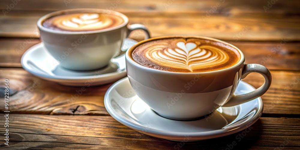 Two Cups of Latte Art on Wooden Table, Coffee, Cafe, Espresso, Latte Art Two Cups of Latte Art on Wooden Table, Coffee, Cafe, Espresso, Latte Art