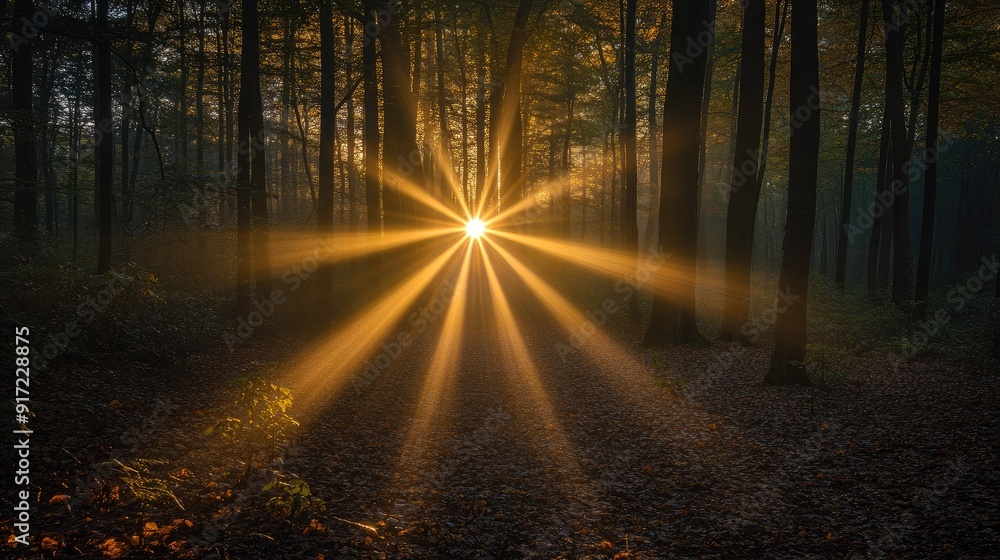 Golden hour sunlight streaming through forest Golden hour sunlight streaming through forest