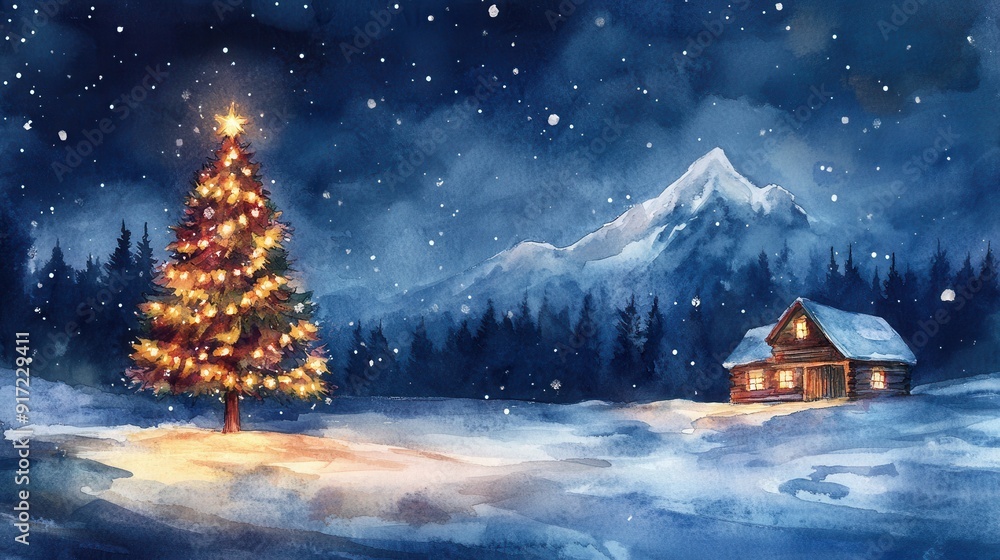 Christmas Tree and Lit Cabin in a Winter Wonderland: A Snowy Night Landscape Perfect for Holiday Banners and Templates for Xmas Eve
Christmas Tree and Lit Cabin in a Winter Wonderland: A Snowy Night Landscape Perfect for Holiday Banners and Templates for Xmas Eve