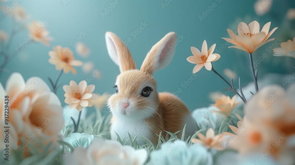 cute smiling baby rabbit in lush flower garden, baby animal nursery papercraft paper cut illustration
cute smiling baby rabbit in lush flower garden, baby animal nursery papercraft paper cut illustration