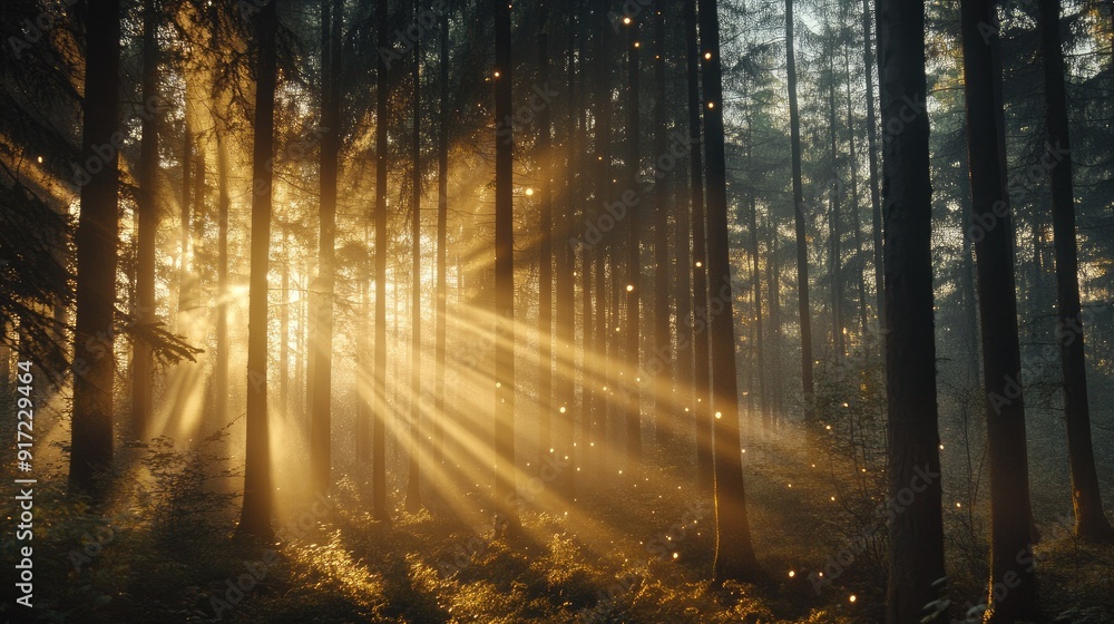 Golden hour sunlight streaming through forest Golden hour sunlight streaming through forest