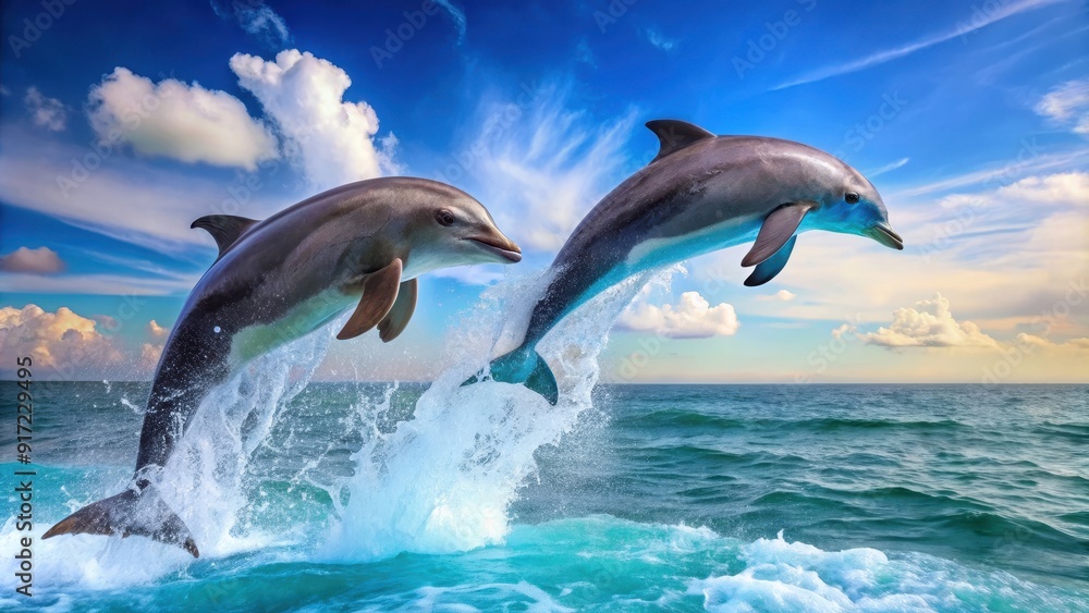 Two dolphins joyfully leaping out of the water , dolphins, marine life, ocean, aquatic animals, playful, wildlife, jumping Two dolphins joyfully leaping out of the water , dolphins, marine life, ocean, aquatic animals, playful, wildlife, jumping