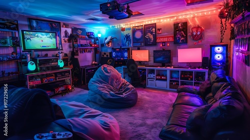  A hidden gaming room in a basement packed with gaming consoles neon lights and comfy beanbag chairs  photo