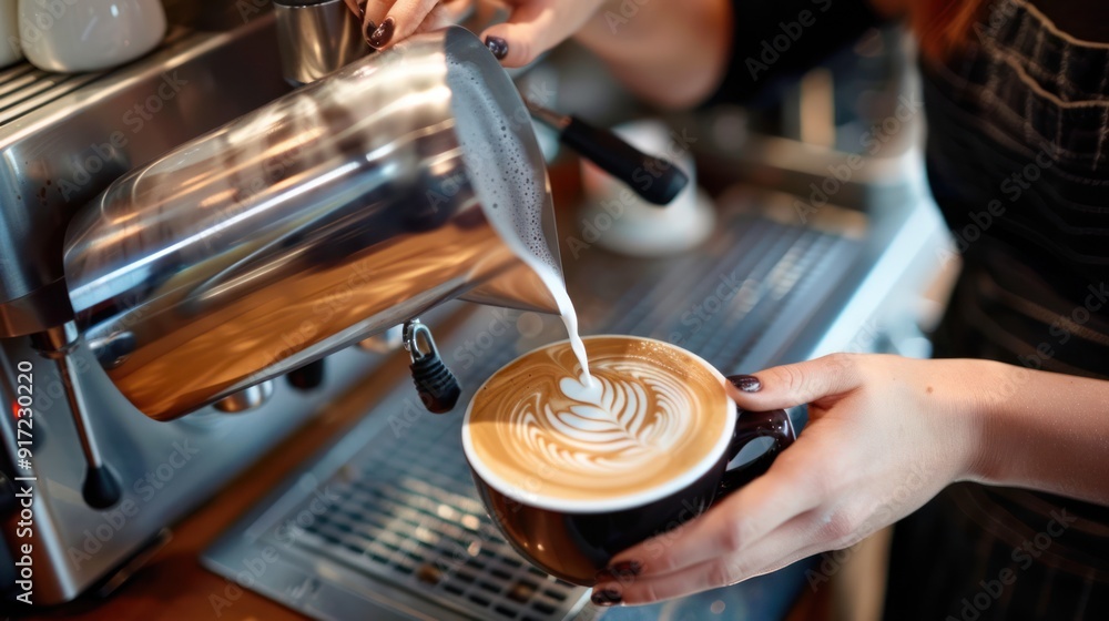 Female barista creating latte art as she pours milk into a cappuccino cup Female barista creating latte art as she pours milk into a cappuccino cup