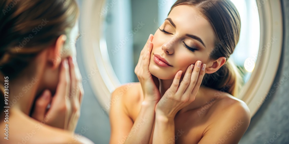 Woman Admiring Herself in the Mirror, Close-Up of a Young Woman Applying Face Mask, Woman's Beauty Routine, Reflection, Skin Care, Beauty, Skincare Woman Admiring Herself in the Mirror, Close-Up of a Young Woman Applying Face Mask, Woman's Beauty Routine, Reflection, Skin Care, Beauty, Skincare