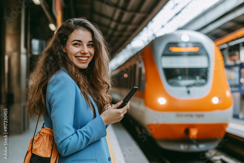 A woman in a blue blazer smiles while holding her phone, standing on a train platform with an orange and white train in the background