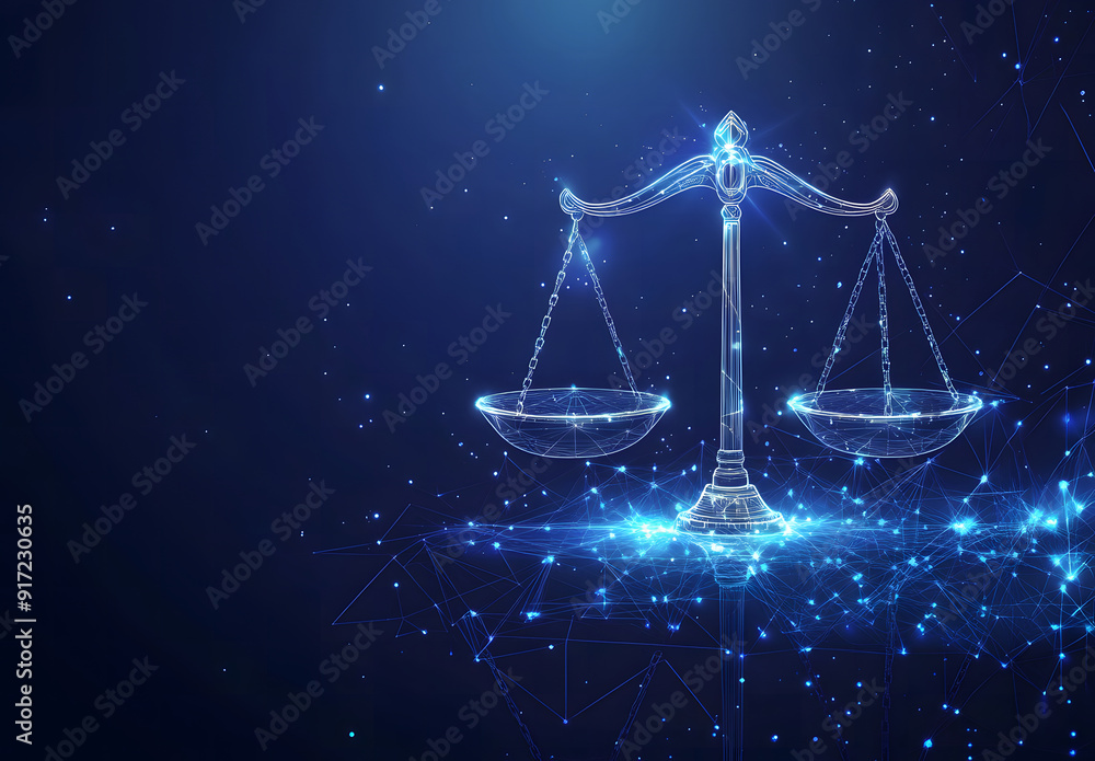 High-tech blue Digital justice scale surrounded by digital data on blue bokeh background, representing the role of AI in business justice design High-tech blue Digital justice scale surrounded by digital data on blue bokeh background, representing the role of AI in business justice design