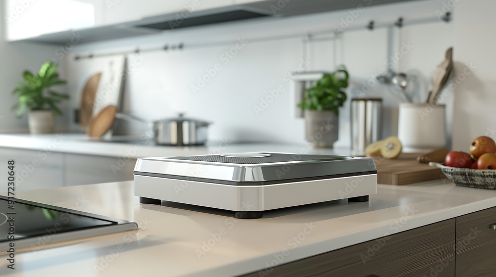A modern kitchen scale with a sleek design, sitting on a minimalist kitchen counter - Scandinavian style A modern kitchen scale with a sleek design, sitting on a minimalist kitchen counter - Scandinavian style
